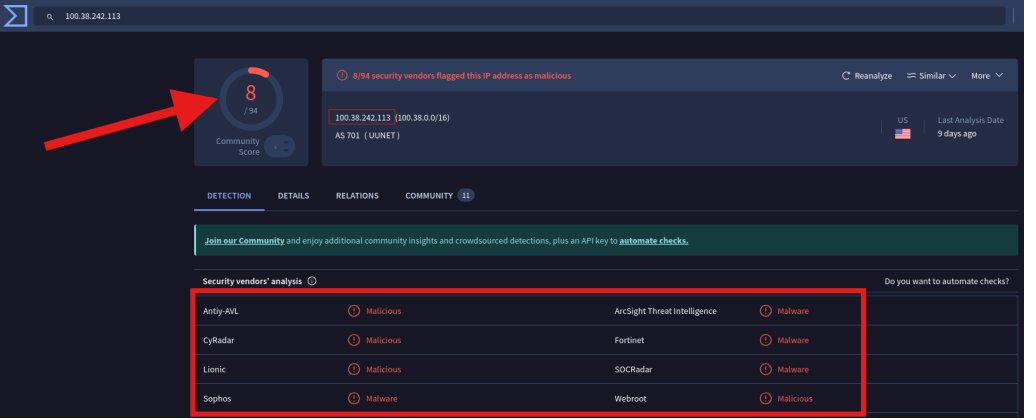 Vendors flagging IP as malicious
