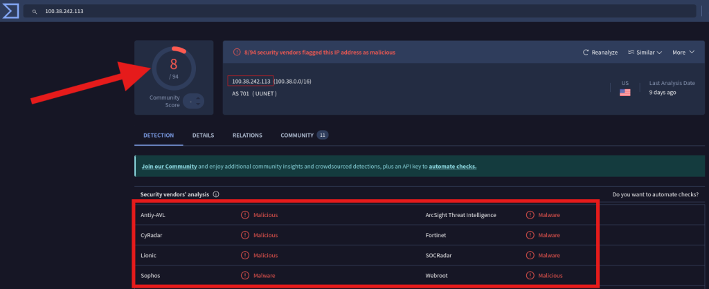 Vendors flagging IP as malicious